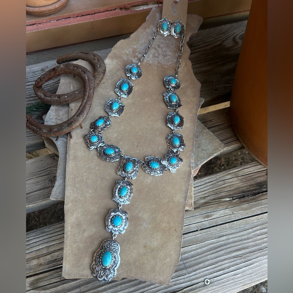Concho Y Drop Western Design Turquoise and Silver Necklace NWT - Picture 4 of 6